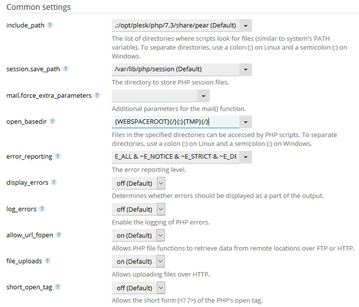 Setări comune PHP &icirc;n Plesk