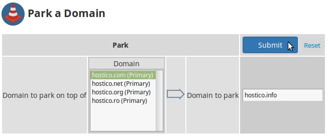 Submit sectiunea Park a Domain