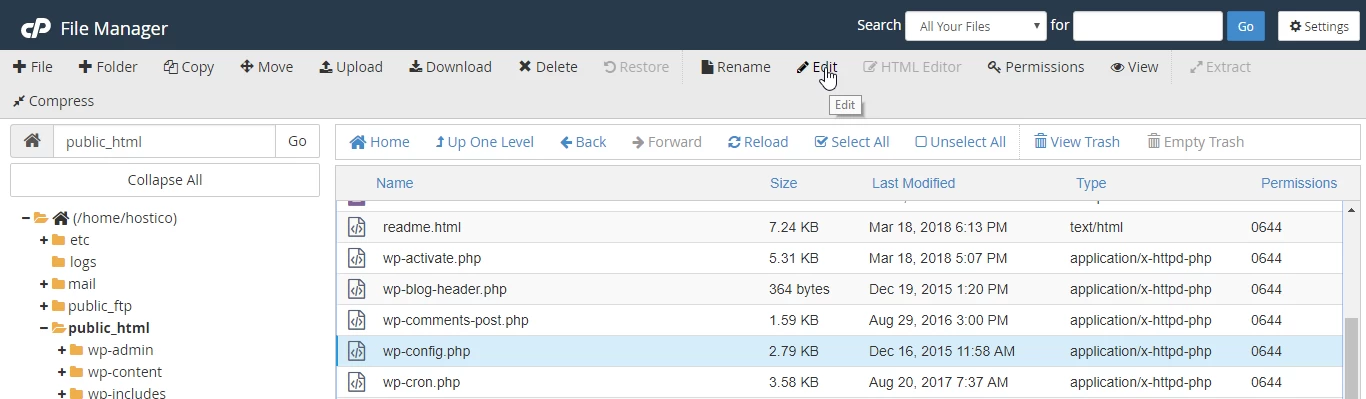 Editare fișier wp-config.php