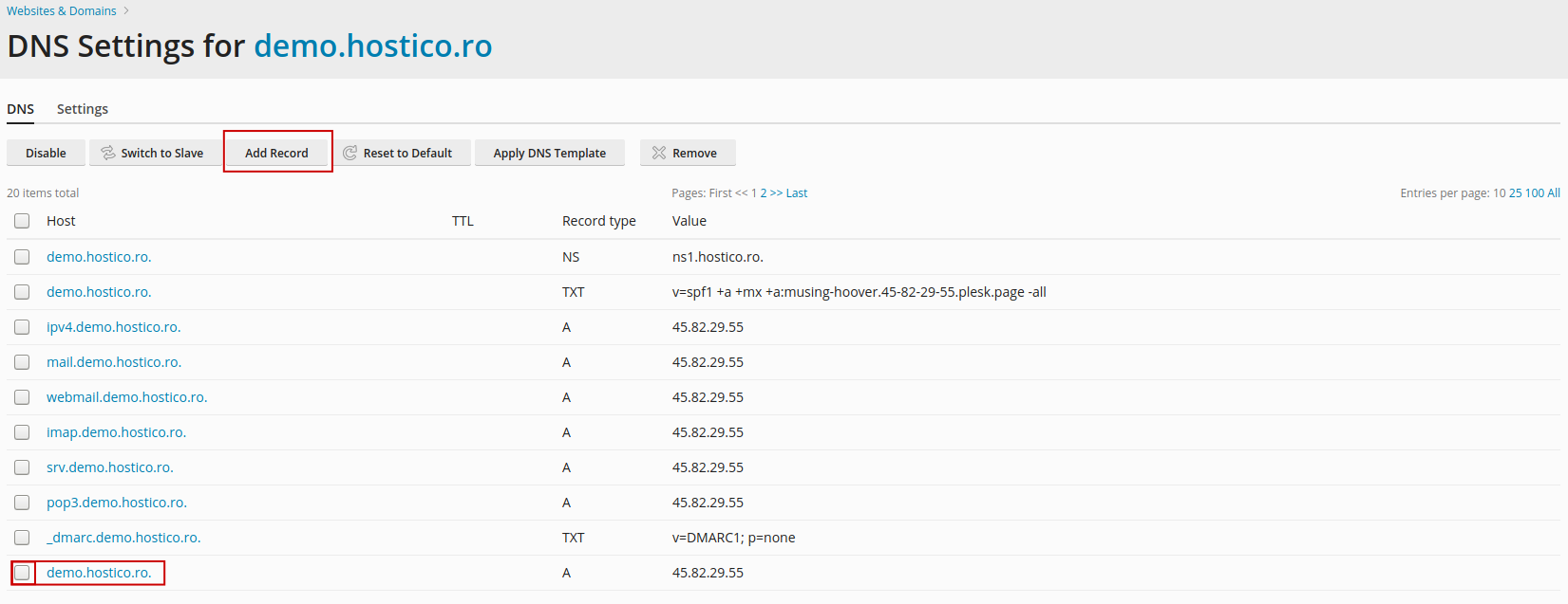 DNS Settings Plesk
